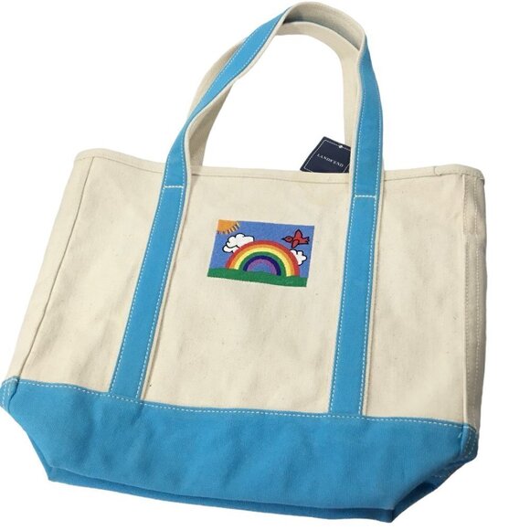 Lands End Canvas Tote NWT Embroidered Rainbow Open Top Natural Turquoise Medium - Picture 5 of 10